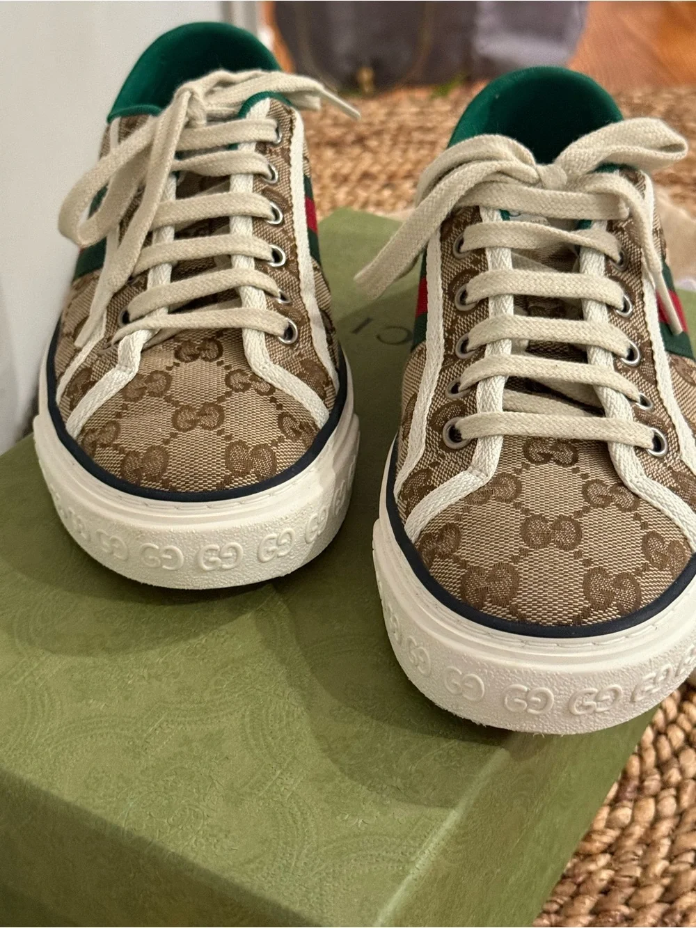 Gucci Women’s GG Canvas 1977 Green-Trim Low Top Sneakers by